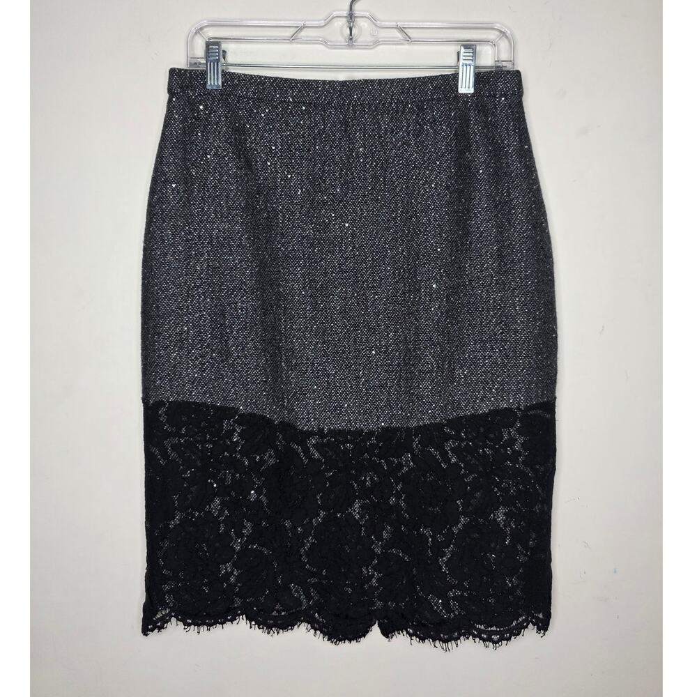 J Crew black white wool blend pencil skirt with lace overlay - 8 - career siren